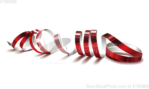 Image of Festive red ribbon on white background. Realistic vector streamers.