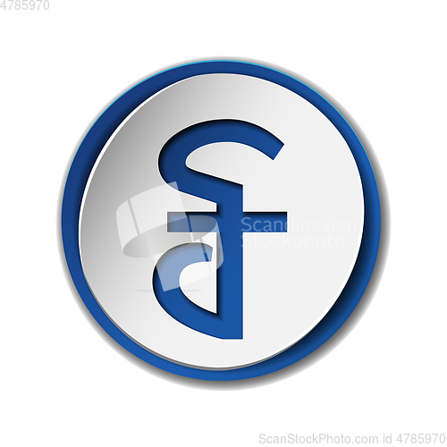 Image of Cambodian riel currency symbol on round sticker with blue backdrop