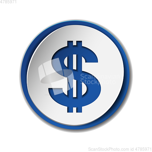 Image of dollar symbol with two vertical lines on round sticker with blue backdrop