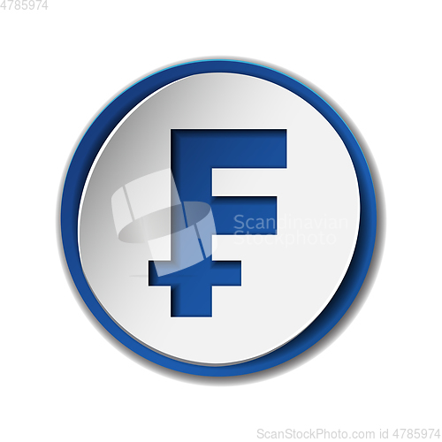 Image of Swiss Franc currency symbol on round sticker with blue backdrop