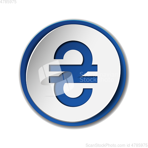 Image of Ukrainian Hryvnia currency sign on round sticker with blue backdrop