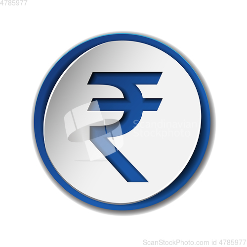 Image of Rupee currency symbol on round sticker with blue backdrop.