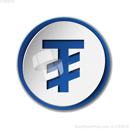 Image of Mongolian tugrik currency symbol on round sticker with blue backdrop