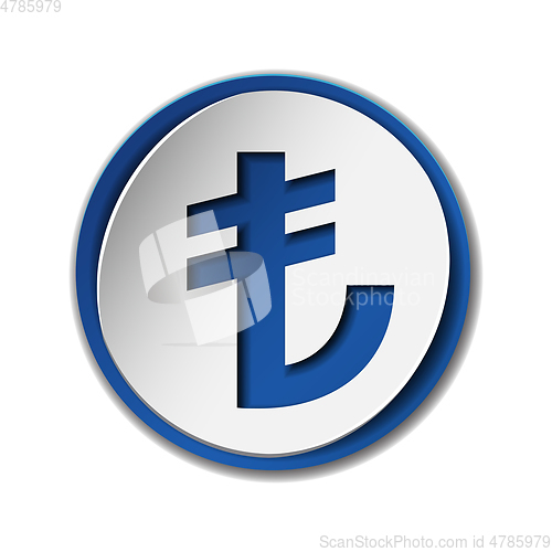 Image of Turkish Lira currency symbol on round sticker with blue backdrop