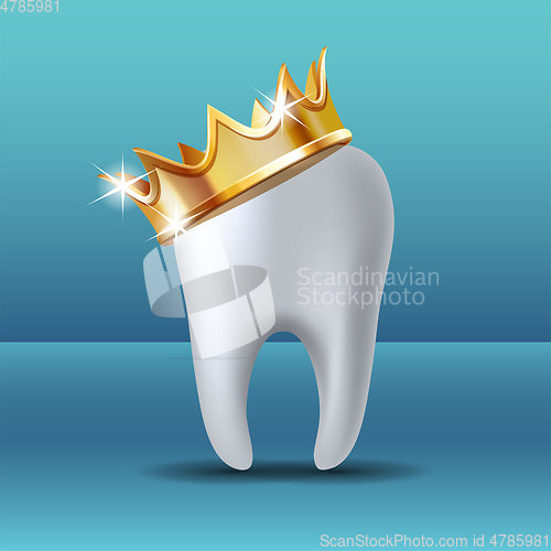 Image of Realistic white Tooth in golden crown. Tooth care dental medical stomatology vector icon.
