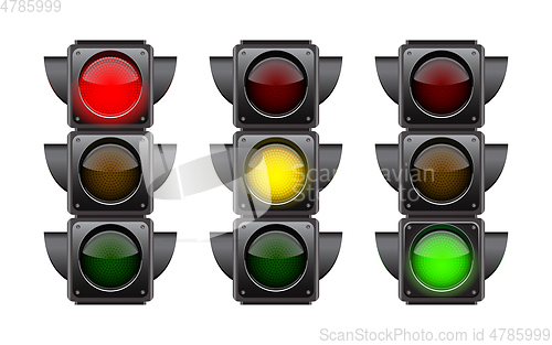 Image of Traffic lights with all three colors on.