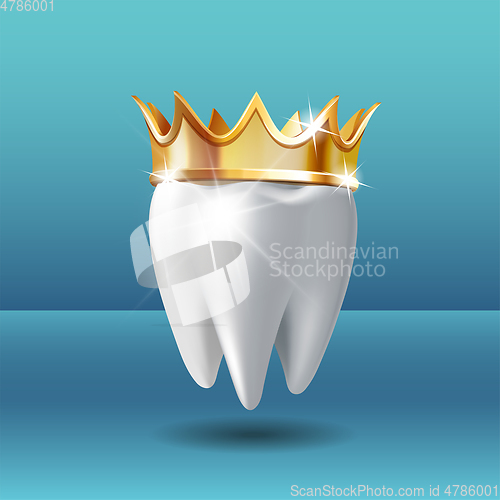 Image of Realistic white Tooth in golden crown. Tooth care dental medical stomatology vector icon.