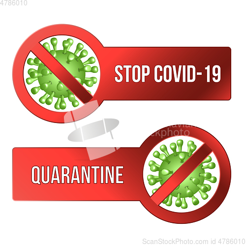 Image of Sign caution STOP COVID-19 with Coronavirus icon.