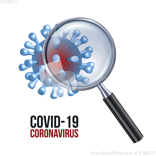 Image of illustration of a corona virus seen with a magnifying glass