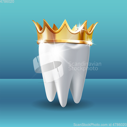 Image of Realistic white Tooth in golden crown on blue background