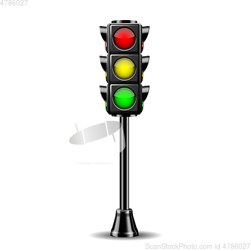 Image of Traffic lights with all three colors on.