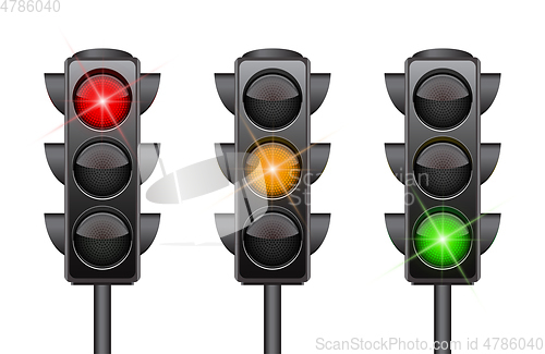 Image of Traffic lights with all three colors on.