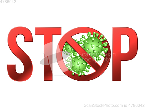 Image of Sign caution STOP COVID-19 with Coronavirus icon.