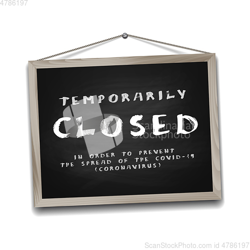 Image of Temporarily closed sign of coronavirus news on black chalkboard in wooden frame.