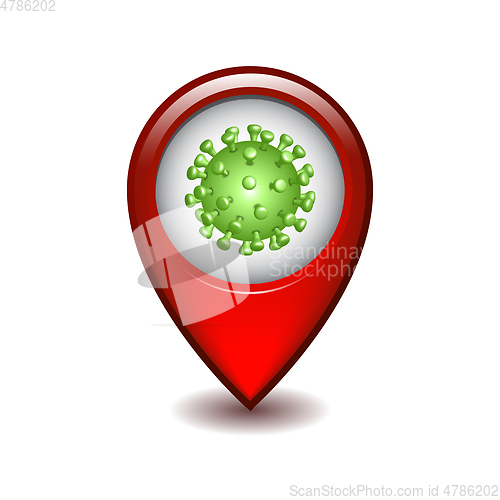 Image of Red map point with coronavirus. Vector iluustration