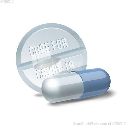 Image of COVID 19 Coronavirus Cure drug concept in one tablet.