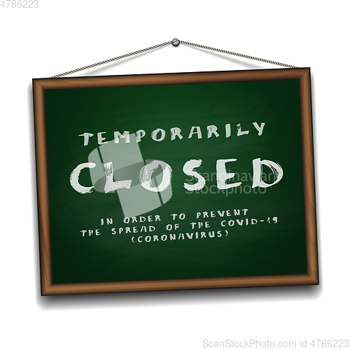 Image of Temporarily closed sign of coronavirus news on Green chalkboard in wooden frame.