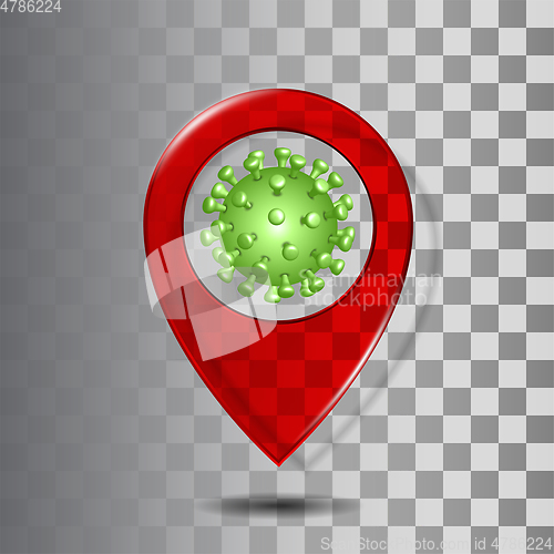 Image of Red transparent glass map point with coronavirus. Vector iluustration