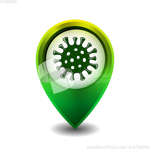 Image of Green map point with coronavirus. Vector iluustration