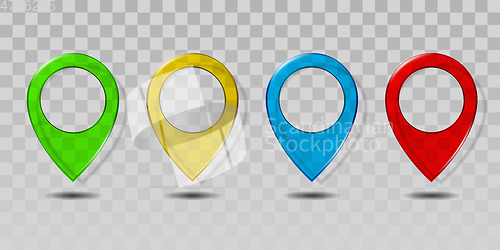 Image of Set of colorful transparent glass map pointer icon.