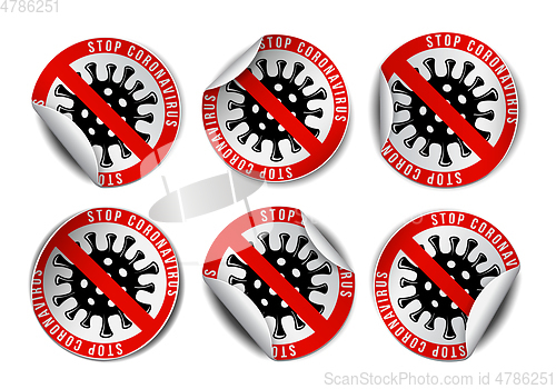 Image of Set of coronavirus Icon with Red Prohibit Sign on sticker labels