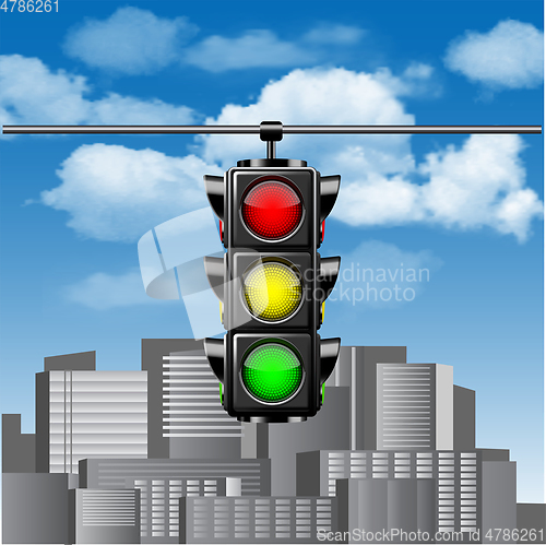 Image of Traffic lights with all three colors on hanging against blue sky with clouds and cities buildings.