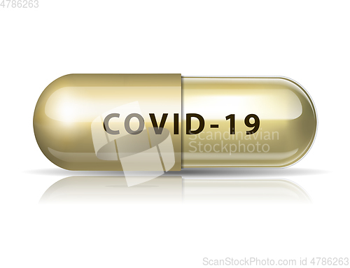 Image of Pill with sign covid-19 on white background.