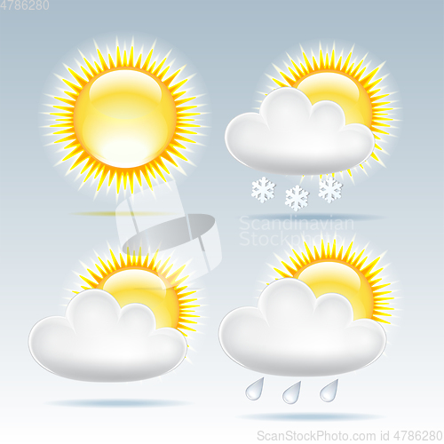 Image of Sun and raining clouds weather web icon. Vector