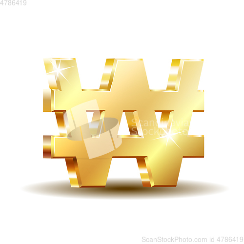 Image of Gold shiny Korean won symbol, currency sign isolated on white