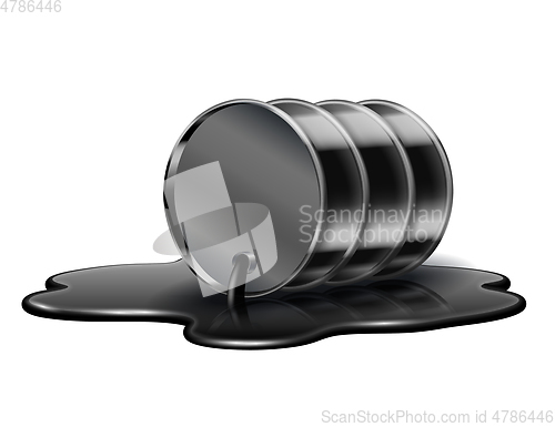 Image of Black oil barrel is lying in spilled puddle of crude oil.