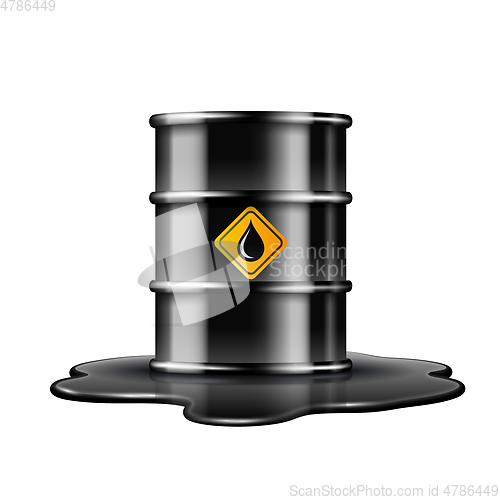 Image of Black barrel with oil drop label on spilled puddle of crude oil.