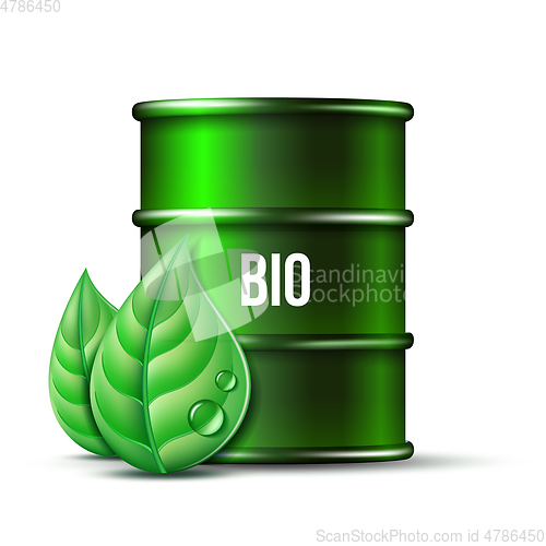 Image of Green barrel of biofuel with word BIO and green leaves isolated on white