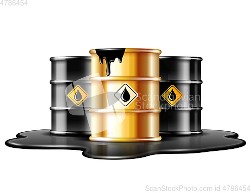Image of Black and gold barrels with oil drop label on spilled puddle of crude oil.