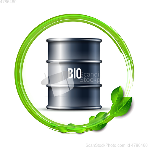 Image of Black barrel of biofuel with word BIO and green leaves isolated on white
