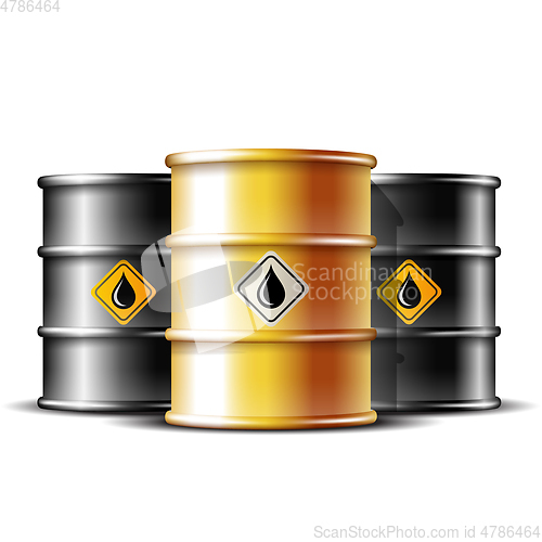Image of Black and gold barrels with oil drop label. Vector illustration