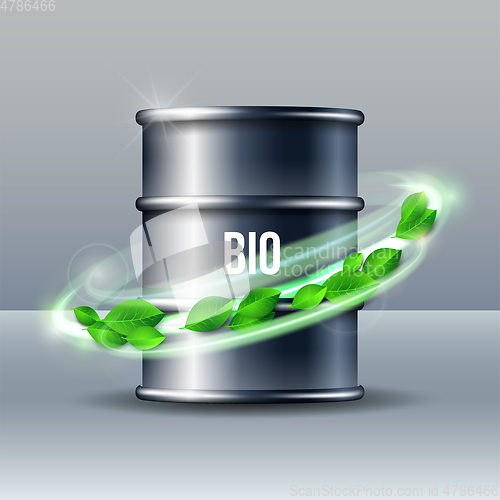 Image of Black barrel of biofuel with word BIO and green leaves isolated on white