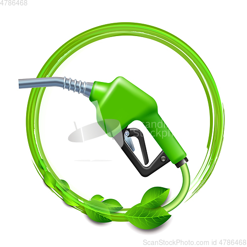 Image of Green Fuel handle pump nozzle and hose with green leaves.