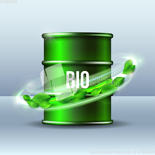 Image of Green barrel of biofuel with word BIO and green leaves