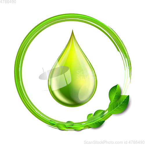 Image of Green glossy drop with green leaves isolated on white background, environment conceptual design.