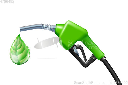 Image of Drop like a green leaf dripping from Fuel handle pump nozzle with hose.