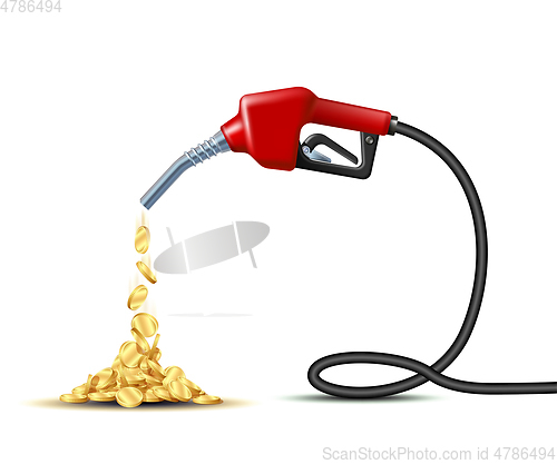 Image of Stream of gold coins pours from the Fuel handle pump nozzle with hose.