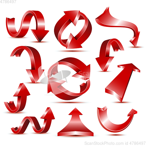 Image of Set of 3d glossy red arrow icons for web design or logo template.