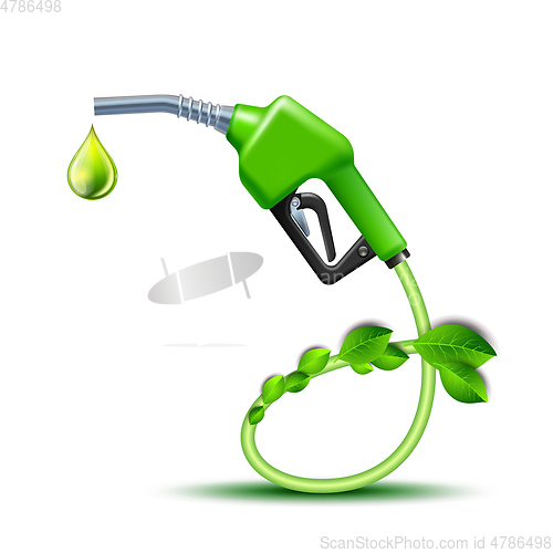 Image of Green Fuel handle pump nozzle and hose with green leaves.