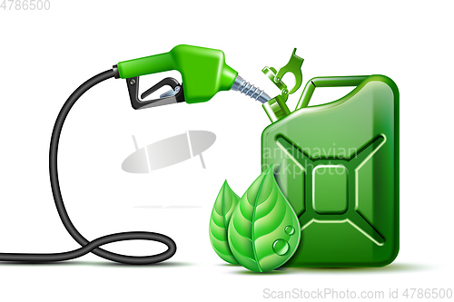 Image of Biofuel. Gas pump nozzle and Green jerrycan with green leaves isolated on white background,