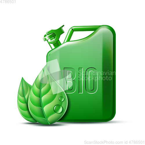 Image of Green canister with word BIO and green leaves isolated on white background