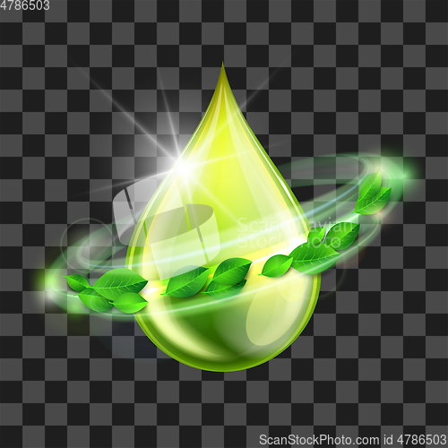 Image of Green glossy drop with green leaves, environment conceptual design.