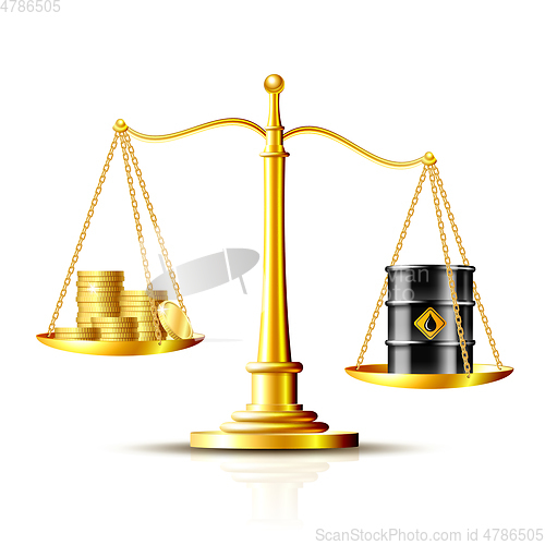 Image of Classic scales with an oil barrel and gold coins, on white background