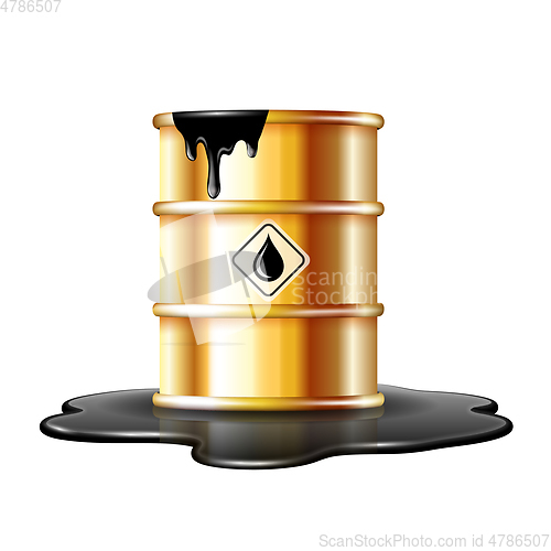 Image of Gold barrel with oil drop label on spilled puddle of crude oil.