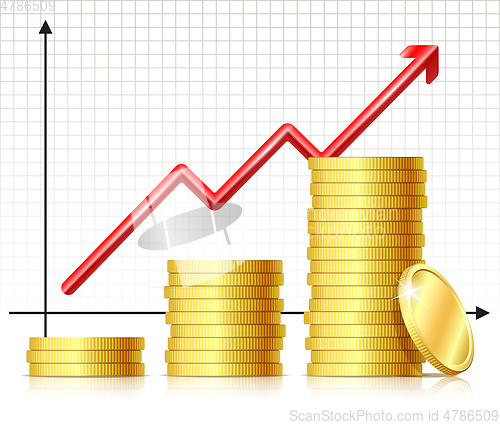 Image of Illustration of growing pile coins and rising chart arrow
