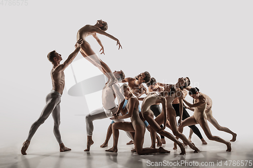 Image of The group of modern ballet dancers. Contemporary art ballet. Young flexible athletic men and women.